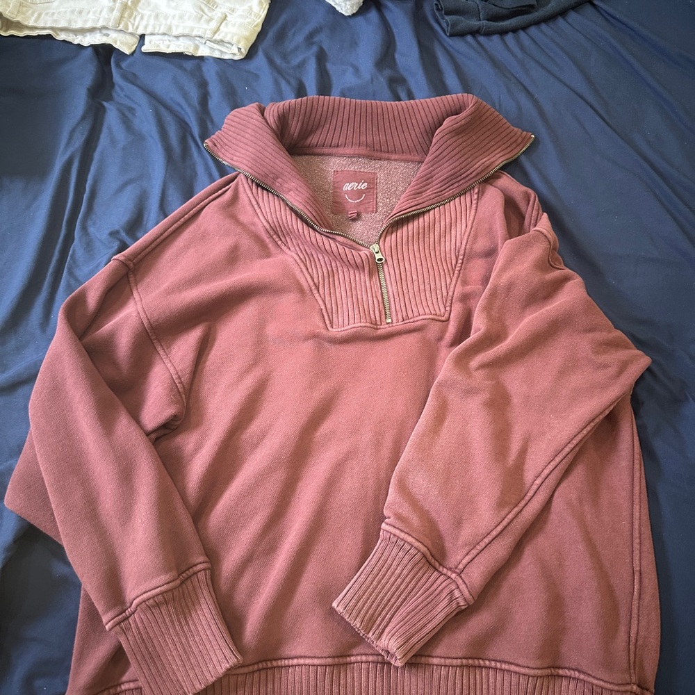Aerie Pink Zip Up Sweater with Ribbed Cuffs Oversized